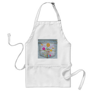 Avental Denim Back Pocket Flowers Peace Love Hope Apron