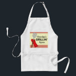 Avental do Grillin do vovô<br><div class="desc">Este avental caracteriza avental do Grillin o texto do "vovô" com um gráfico de uma espátula do churrasco e de uma luva do forno. A impressão é acentuada com verificações vermelhas. Isto é customizável, assim que você pode pôr qualquer um conhecido no lugar do vovô.</div>