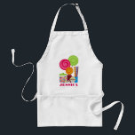 Avental dos doces & do cupcake<br><div class="desc">Um avental que caracteriza uma ilustração de um frasco dos gumballs,  dos três pirulitos,  dos doces da vara,  de uma parte de chocolate,  e de um cupcake.  Personalize com seu nome.</div>