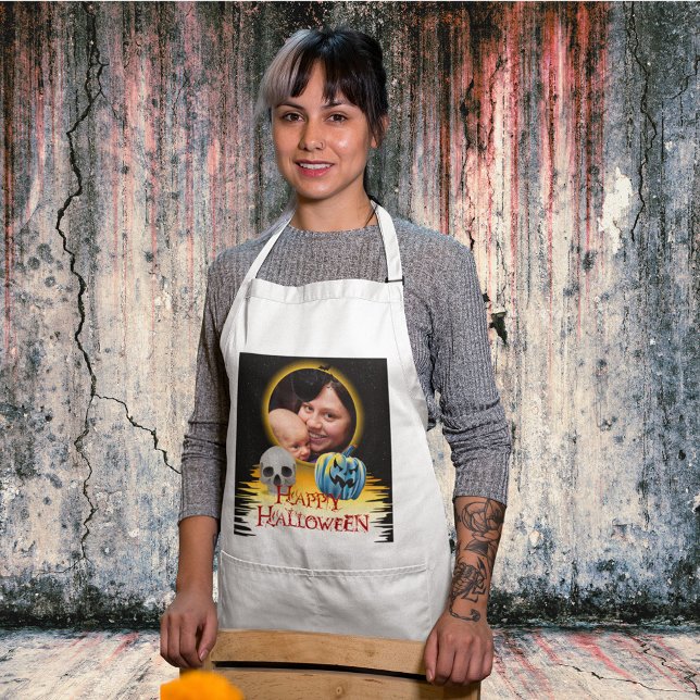 Avental Esqueleto da Fotografia do Halloween e Jack o Lant (Halloween Photo Frame Skeleton and Jack o Lantern Adult Apron)