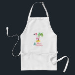 Avental Flamingo cor-de-rosa em um chapéu do papai noel<br><div class="desc">Um avental com uma ilustração bonito de um flamingo cor-de-rosa em um chapéu vermelho do papai noel. Estar ao lado de uma palmeira verde em um monte da areia amarela. Um design da árvore de Natal do rico é colocado swirly ao lado do Feliz Natal do texto. Escrito no rosa...</div>