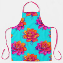Avental Floral Turquesa Vibrante e Rosa Neon