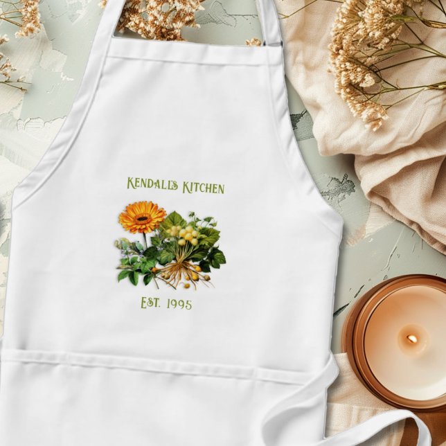 Avental Herbal Goodness Year Established Kitchen Apron (Criador carregado)