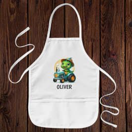 Avental Infantil Dinossauro de Bebê-Cute Dirigindo um Trator Azul