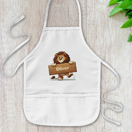 Avental Infantil Leão Reprodutor com Placa de Nome de Madeira