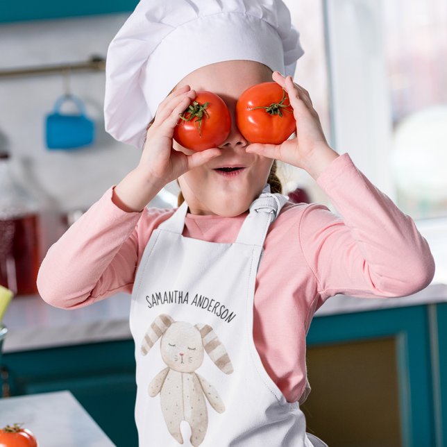 Avental Infantil Pastel Rosa Coelhinho Cor-de-Rosa Moderno com Nome (Criador carregado)