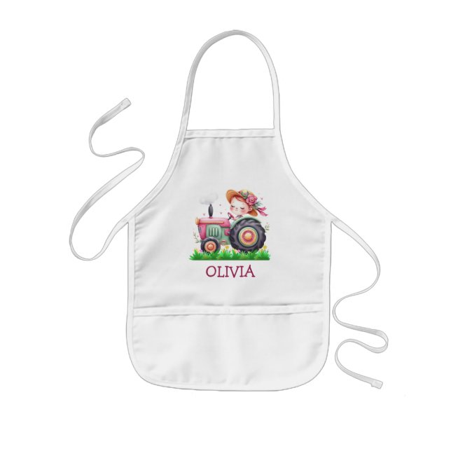 Avental Infantil Trator Rosa Fofo para Meninas (Frente)