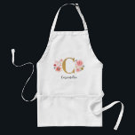 Avental Letra Dourada Rosa Inicial Monograma Feminina C<br><div class="desc">Um avental floral cor-de-rosa lindo e feminino, com flores cor-de-rosa e uma letra C de monograma dourado falsa. Personalize este avental da cozinha, acrescentando o seu nome sob o monograma. Faz um presente divertido para um amigo ou para uma dama de damas de honra. Projetado para você pelo Blackberry Boulevard....</div>