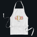 Avental Letra Dourada Rosa Inicial Monograma Feminina D<br><div class="desc">Um avental floral cor-de-rosa bonito e feminino,  com flores cor-de-rosa e uma letra falsa de monograma D. Personalize este avental da cozinha,  acrescentando o seu nome sob o monograma. Faz um presente divertido para um amigo ou para uma dama de damas de honra. Projetado para você pelo Blackberry Boulevard.</div>