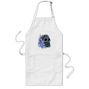 Avental Longo Blue Floral Black Sugar Skull Day Of The Dead