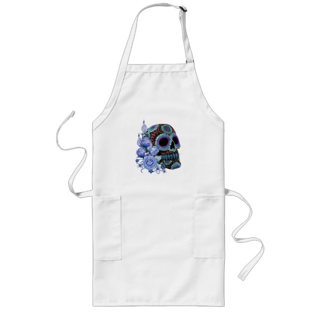 Avental Longo Blue Floral Black Sugar Skull Day Of The Dead (Frente)