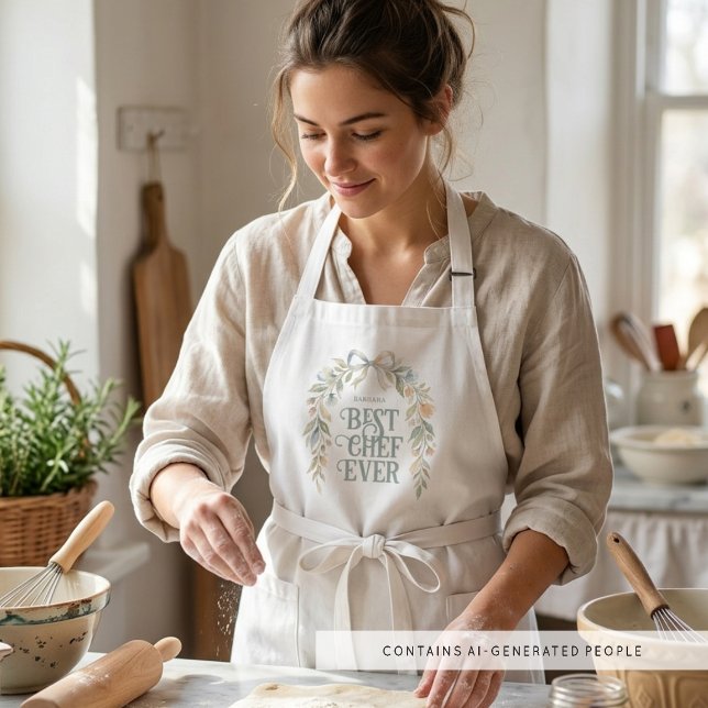 Avental Longo Elegante Coquete Floral Melhor Presente de Chef de (Chic Coquette Best Chef Ever Apron with Elegant Pastel Floral Wreath Watercolor Effect.)