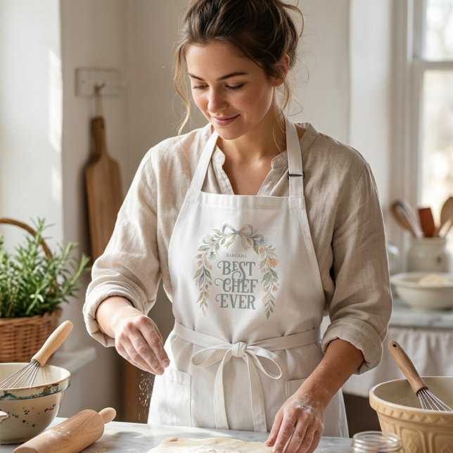 Avental Longo Elegante Coquete Floral Melhor Presente de Chef de (Chic Coquette Best Chef Ever Apron with Elegant Pastel Floral Wreath Watercolor Effect.)