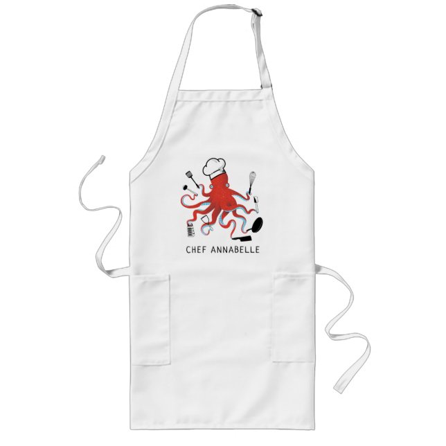 Avental Longo Laranja Octopus Chef Personaliza Longo Apron (Frente)