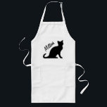 Avental Longo O gato preto aprons com texto personalizável (long<br><div class="desc">Aparos de gato preto | Texto personalizável. Boa ideia de presente para o gato/amante. Personalize-o com o seu nome de estimação. Design de silhueta de gatinho preto. Cor de fundo personalizável. Disponível em versão curta e longa.</div>