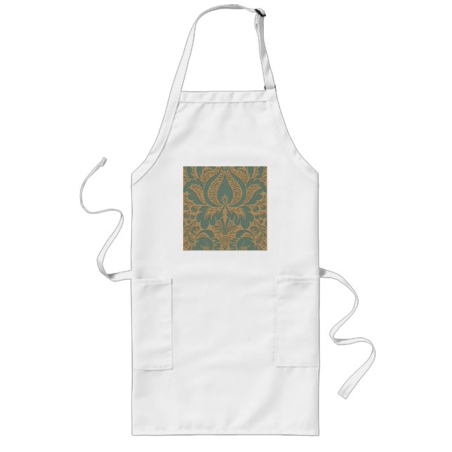 Avental Longo Teal Beige Damask Long Apron (Frente)