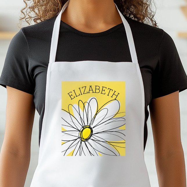 Avental Margarida Branca e Amarela com Texto Personalizado (Personalized Kitchen Apron)