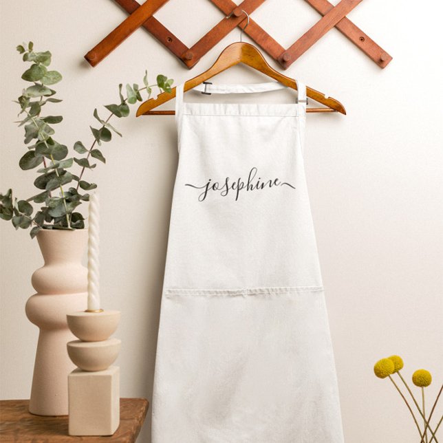 Avental Nome de script elegante personalizado branco (White Apron with elegant personalized name script. )