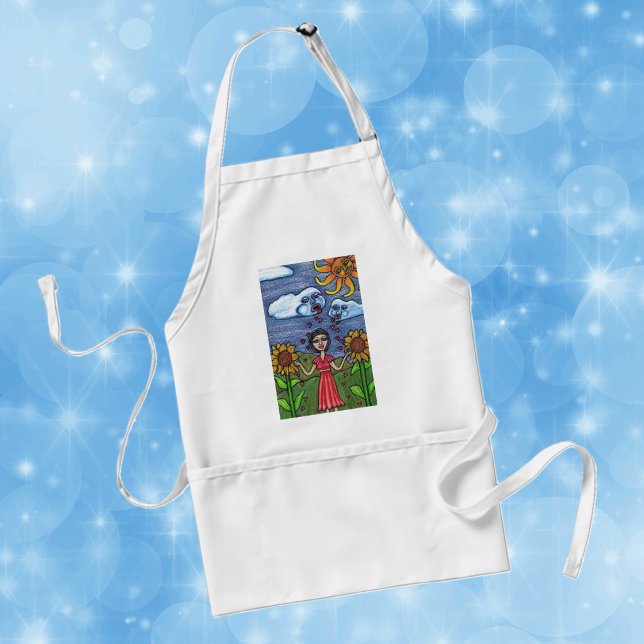 Avental O Amor Vai Fazer Você Crescer (Lady with sunflowers yellow sun with face clouds raining red hearts on kitchen apron.)