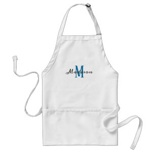 Avental Womens de Nome de Script do Monograma Branco Azul