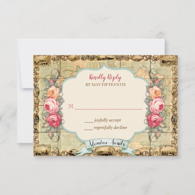 Aventura Espera Mapa Mundial Vintage Rosas RSVP (Frente)