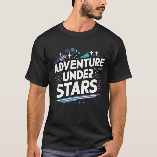 Aventura sob estrelas design num T-Shirt preto (Frente)