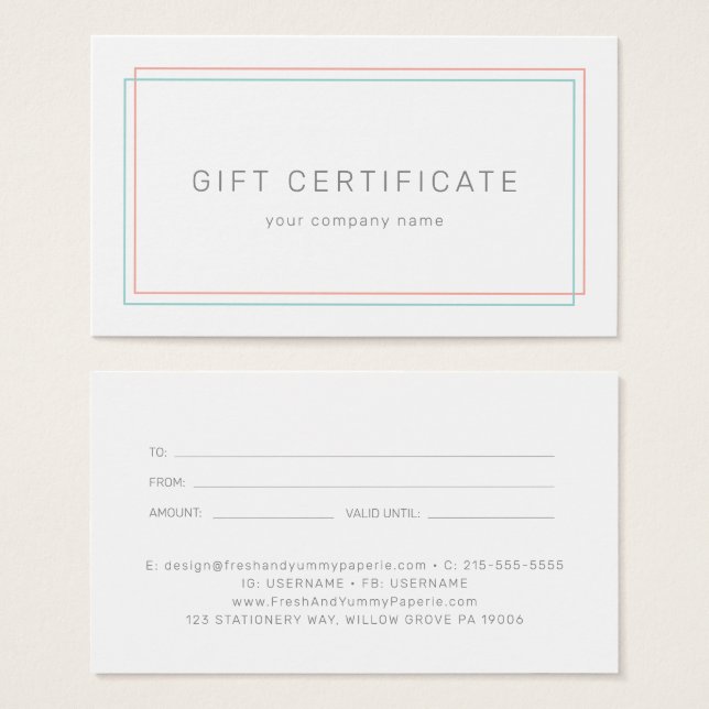 AVERY Coral and Teal Business Gift Certificate (Frente & Verso)