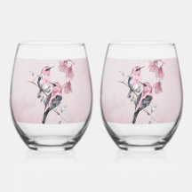 Aves e Florais Rosa em Aquarela