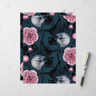 Aves e flores cor-de-rosa com folhas