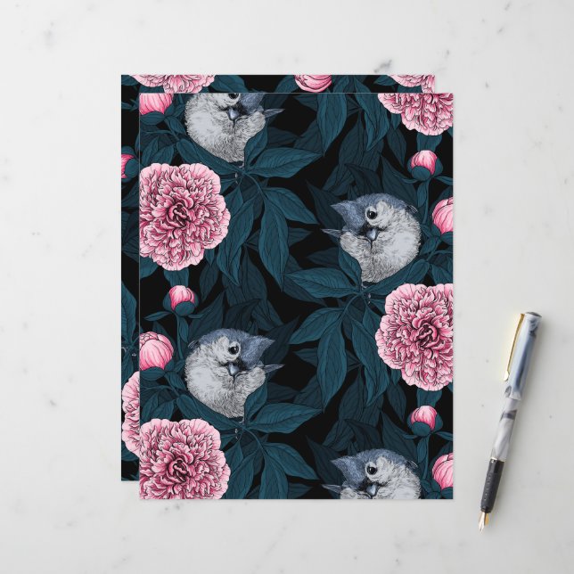 Aves e flores cor-de-rosa com folhas (Frente/Verso In Situ)