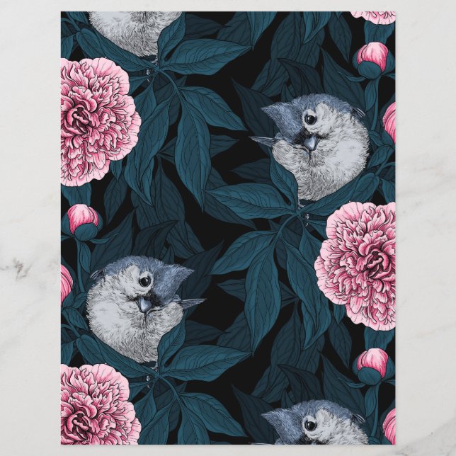 Aves e flores cor-de-rosa com folhas (Frente)