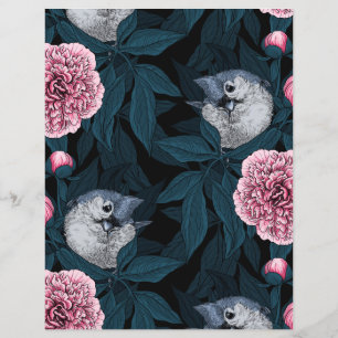 Aves e flores cor-de-rosa com folhas