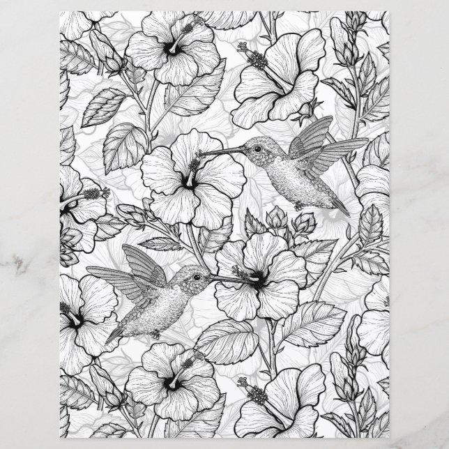 Aves e flores de hibisco b&w (Frente)