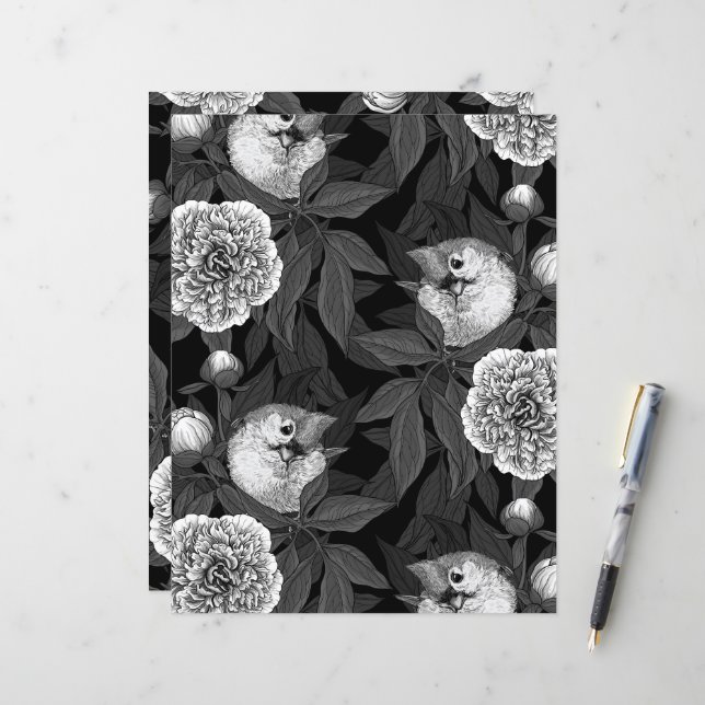 Aves e flores de peônia monocromáticas, cinzas (Frente/Verso In Situ)