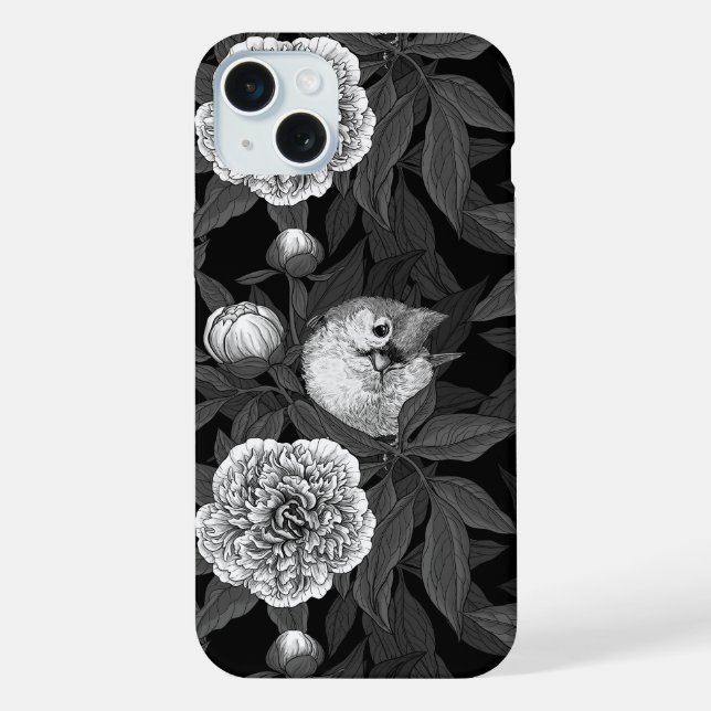 Aves e flores de peônia monocromáticas, cinzas (Verso)