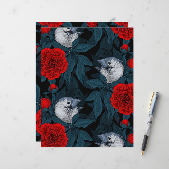 Aves e flores vermelhas de pénia com folhas azuis (Frente/Verso In Situ)
