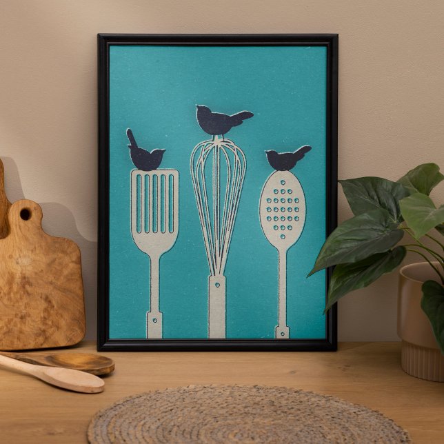 Aves Na Cozinha Utensílios Cozinha Posters (Minimalist and retro themed birds on kitchen utensils wall art poster.)
