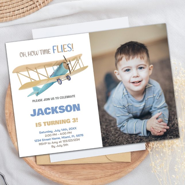 Avião Aniversário Convites Azul Verde w Foto (Airplane Birthday Invitations Blue Green w photo)