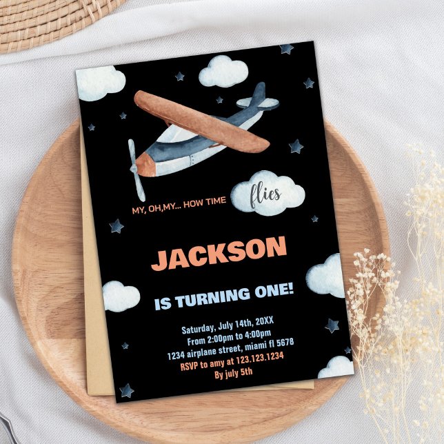 Avião - Convites de Aniversário Cinza Laranja Negr (Airplane Birthday Invitations Gray Orange Black)