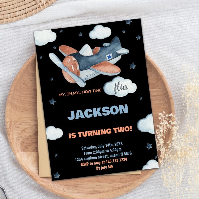 Avião Convites de Aniversário segundo Azul Preto B (Airplane Birthday Invitations 2nd Blue Black BK)