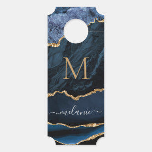 Aviso De Porta Agate Blue Dourado Marble Name Letter Doer Hanger