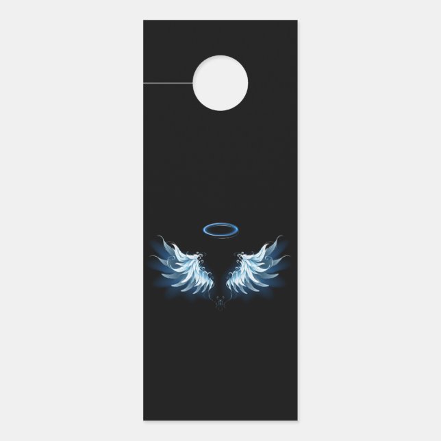Aviso De Porta Asas Anjos Azuis Brilhantes em fundo preto (Frente)