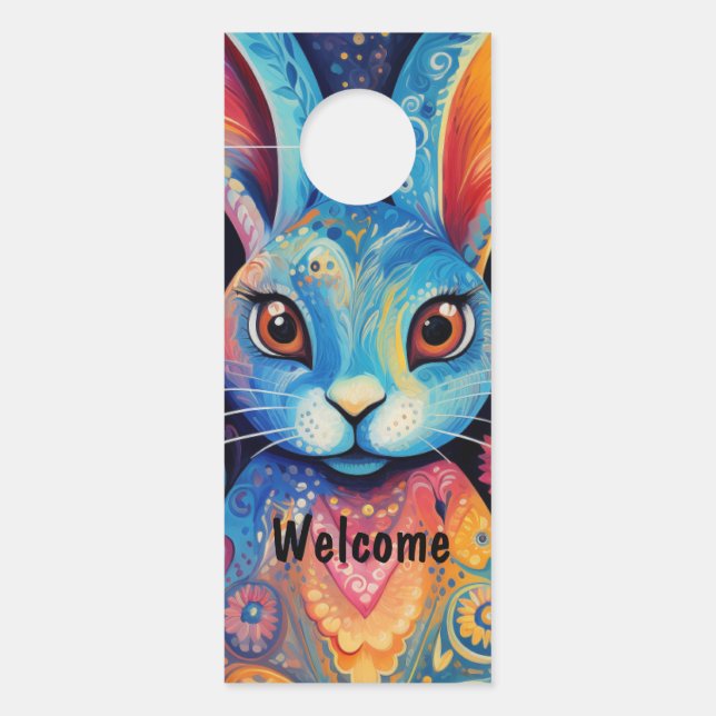 Aviso De Porta Bem-vindo Dotty Delight: Coelho Doodle Arco-íris (Frente)