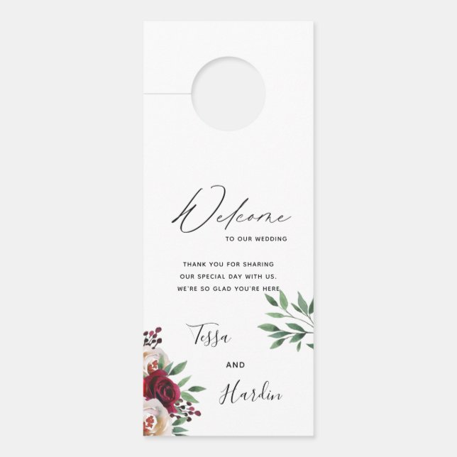 Aviso De Porta Burgundy Floral Wedor Hanger (Frente)