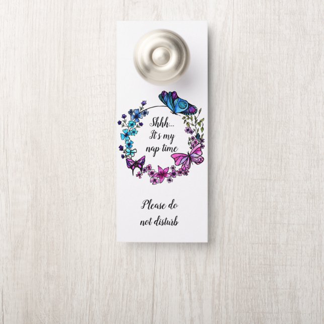 Aviso De Porta Butterfly e Flowers Citação ou nome personalizado  (Na maçaneta)