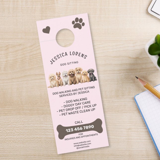 Aviso De Porta Cachorro Cachorro Caminhando Pet Puppy Sitting Ser (cute dogs on pink background door hanger for dog walking, pet sitting or vet)