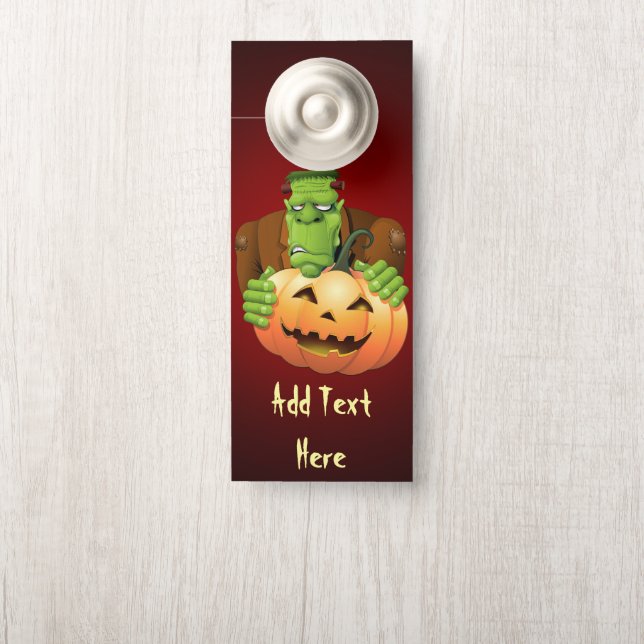 Aviso De Porta Cartoon Frankenstein Monster com Pumpkin (Na maçaneta)
