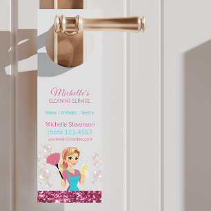Aviso De Porta Cartoon Rosa-Brilhante Maid Limpeza De Casa