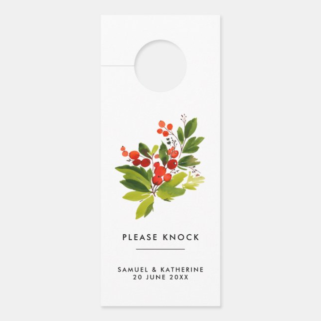 Aviso De Porta Elegant Watercolor Berries Please Knock (Frente)