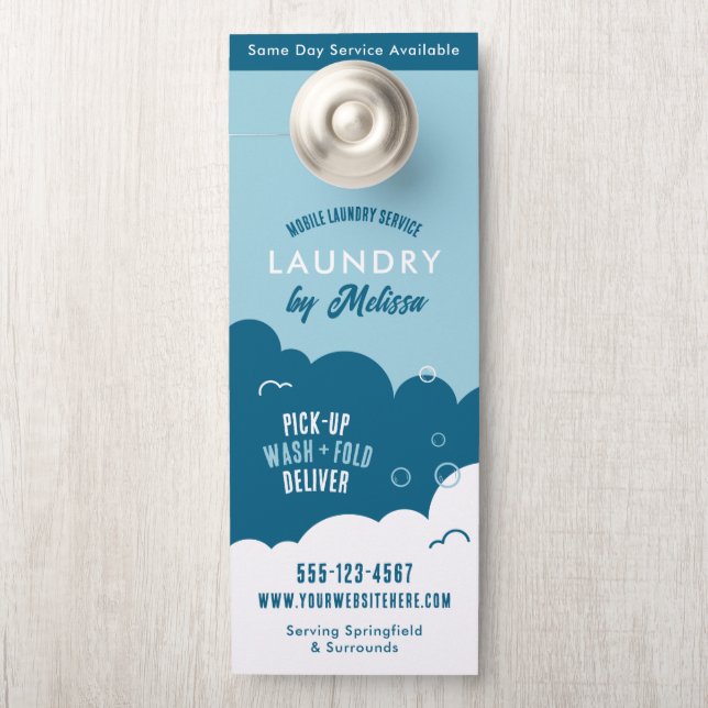 Aviso De Porta Modern Pick-Up Laundry Service Blue & White (Na maçaneta)